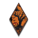 Grinning black cat in twisted tree Canvas Art Print with jack-o-lanterns and spooky vintage Diamond Shaped Art Halloween
