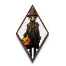 Spooky child scarecrow with glowing eyes Canvas Embossed Print holding jack-o-lantern in creepy Victorian Diamond Shaped Art