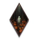 Spooky white cat ghost surrounded by jack-o-lanterns in forest Diamond Shaped Art Canvas Art Print Halloween gothic dark decor