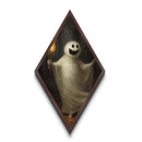 Smiling ghost with pumpkin face holding torch in woods Diamond Shaped Art Canvas Embossed Print whimsical Halloween spooky art