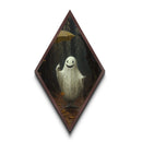 Cute Smiling Ghost in Misty Woods Diamond Shaped Art with Umbrella Dark Academia Aesthetic Canvas Embossed Print Halloween Wall Art