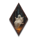 Diamond Shaped Art ghost on swing in haunted forest, Halloween Canvas Embossed Print with gothic autumn aesthetic and jack-o-lanterns