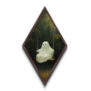 Cozy ghost swinging over forest pond in moonlight glow, Diamond Shaped Art Halloween Canvas Art Print with enchanted fall forest