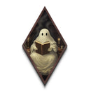 Ghost reading vintage spellbook in candlelight, Diamond Shaped Art styled Halloween Canvas Embossed Print in dark academia tones