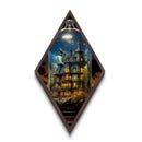 Victorian Haunted Mansion at Dusk Diamond Shaped Art Canvas Embossed Print with glowing windows gothic Halloween decor