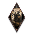 Spooky Gothic House in the Woods Diamond Shaped Art Canvas Art Print with bats, dead trees, and eerie lighting Halloween aesthetic