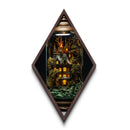 Glowing Haunted Estate in Forest Diamond Shaped Art Canvas Embossed Print with gothic turrets dark academia Halloween wall piece