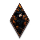 Goth Girl Witch with Pumpkins Diamond Shaped Art Canvas Embossed Print Halloween Aesthetic Victorian Wall Decor Dark Fantasy