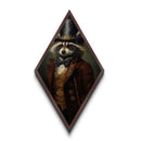 Royal raccoon with golden crown and red coat, whimsical Diamond Shaped Art in vintage fashion, Canvas Embossed Print gothic Halloween