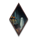 Lonely Ghost in Rainy Arcade Diamond Shaped Art Canvas Embossed Print Spooky Vaporwave Halloween Surreal Nostalgic Wall Decor