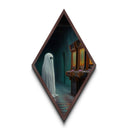 Ghost in Retro Arcade Room Diamond Shaped Art Canvas Embossed Print Spooky Halloween Nostalgia Vaporwave Haunting Wall Decor