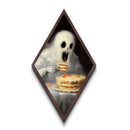 Ghost Devouring Cake Painting Diamond Shaped Art Canvas Embossed Print Spooky Cute Halloween Surreal Macabre Kitchen Decor
