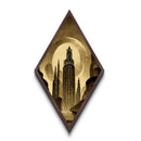 Retro Futuristic City Diamond Shaped Canvas Textured Print, Vintage Sci-Fi Architecture, Sepia Space Age Urban Wall Artwork
