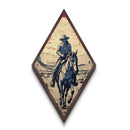 Outlaw Rider in Desert Diamond Shaped Canvas Embossed Print — Retro Western Cowboy Landscape Art Wild West Country Wall Decor