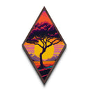Retro Tree Horizon – Diamond Shaped Sunset Silhouette Canvas Embossed Print with Bold Colors and Stylized Nature Illustration