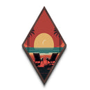 Sunset Lounge Scene – Diamond Shaped Coastal Chairs Silhouette Canvas Embossed Print with Retro Beach Sunset and Palm Views