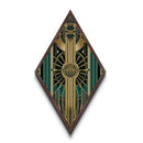 Emerald Axis Radiance – Diamond Shaped Canvas Embossed Print in gold green teal art deco, luxury retro wall accent with celestial symmetry