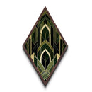 Forest Cathedral Deco – Diamond Shaped Canvas Art Print in deep green and gold, gothic geometric elegance with ornate symmetrical style