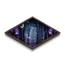Enchanted Forest Glow – Diamond Shaped Canvas Art Print with glowing butterflies, dreamy purple woodland, fantasy wall decor, nightscape art