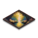 Golden Forest Path – Diamond Shaped Canvas Embossed Print with radiant trees, glowing sunset river, impressionist woodland nature painting