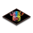 Radiant Piglet Portrait – Diamond Shaped Canvas Embossed Print, Farm Animal Wall Art, Neon Rainbow Decor, Kids Room Pop Style