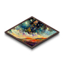 Enchanted Forest Path Diamond Shaped Canvas Embossed Print, glowing staircase fantasy decor, dreamy woodland surreal artwork