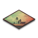 Sunset Beach Cabin — Diamond Shaped Canvas Textured Print retro coastal decor, midcentury beach wall art, vacation home aesthetic