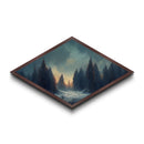 Snowy Forest Twilight Diamond Shaped Canvas Textured Print, Winter Pines Sunset Wall Art, Cozy Rustic Cabin Nature Scene Accent