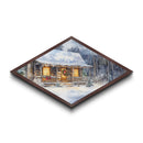 Winter Cabin Cheer – Diamond Shaped Canvas Textured Print snowy log cabin Christmas rustic winter holiday home decor cozy forest scene