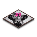 Diamond Shaped Highland Cow — Black and White Animal Portrait Canvas Textured Print, Farmhouse Decor, Pink Bow Nursery Art
