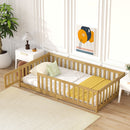 Twin Size Floor Bed with Fence and Door,Rubber Wood Floor Bed with Safety Guardrails,Natural
