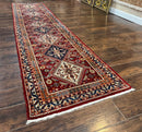 Antique Persian Qashqai Runner Rug 3 x 13 ft, Tribal Runner, Geometric Medallions, Red Ivory Blue, Wool