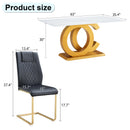 Table and chair set.Subtle Luxury Tempered Glass Dining Set - 63'x35.4' with 4 Black PU Chairs with golden C-tube metal leg.Arched Metal Gold Leg.White imitation marble texture sticker Tabletop.