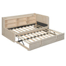 Twin Size Upholstered Daybed with Trundle, Storage Shelves, USB & Outlet (Beige)