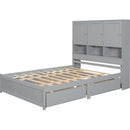 Queen Size Platform Bed with Storage Headboard and 4 Drawers, Gray
