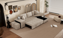 Modern L-Shape 3 Seat Reversible Sectional Couch with Pull Out Sleeper, Storage Chaise & 2 Stools, Cream, Linen Chenille
