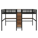 Twin Over Twin Metal Loft Bed with Double Desk and Wardrobe and Shelves with Electrical Outlet for Space Saving and Noise Reduction, woodgrain