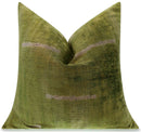 Handmade Silk Velvet Minimalist Throw Pillow - 20x20, Green with White Accent Lines, Down Feather Insert
