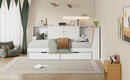 Wooden Twin Size L-shaped Daybed Corner Bed Under-bed Drawers  with Storage Bookcase and Upholstered Headboard and USB Charging Ports for Limited Space,White