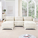 Elegant Three-Seater Sofa with Movable Ottomans and Lumbar Pillow, Chenille Fabric, Beige