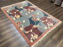 Modern Tibetan Rug 5.7 x 7.9, Abstract Multicolor Flower Pattern, Navy Blue Maroon Salmon, Soft Wool, Hand Knotted Contemporary Carpet 6x8