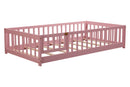 Twin size Floor Platform Bed with Fence and Door ,Pink