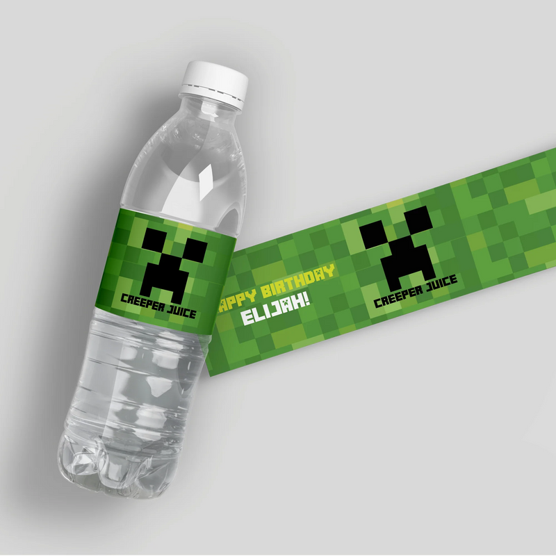 Minecraft Creeper Birthday Water Bottle Labels