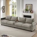 Modern 4-Seater Corduroy Sofa Couch with USB Ports, Hidden Storage Arms, and Flip-Top Cup Holders, Brown, 133 Inches