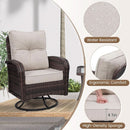 Two Outdoor Swivel Wicker Glider Patio Chairs With Table Set Brown Rattan And Beige Cushions