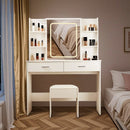 Vanity Desk with Mirror and LED Lights, 3 Lighting Modes and Power Outlet, 2 Spacious Drawers and Stool, White MDF