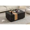 Modern 35.4 x 23.6 Inch Two-tone Coffee Table with Faux Marble and Walnut Wood Grain Finish, Rectangular Center Table with 2 Storage Drawers, Practical Cocktail Table for Living Room, Black
