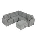Multi-Functional Sectional Sofa Convertible Pull-out Bed with Storage Ottoman, USB Ports, Cup Holders, Chenille, Gray, 84.7'