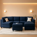 Modular Velvet Sectional Sofa Blue With Storage Ottoman