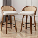 Set Of Two 25 Inch Beige Rattan Swivel Counter Stools With Linen Upholstery Mid Century Modern